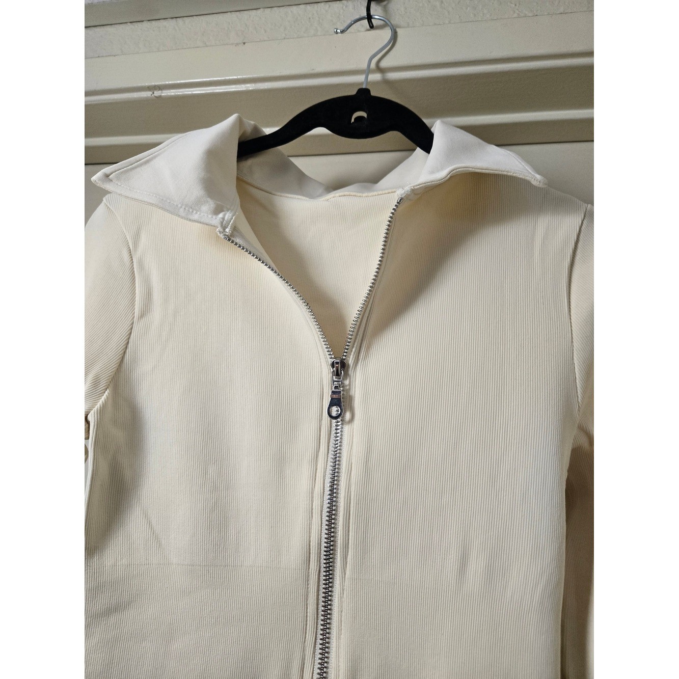 OQQ Cream Ribbed Zip Front Bodycon Midi Dress Long Sleeve Side Slit NWOT