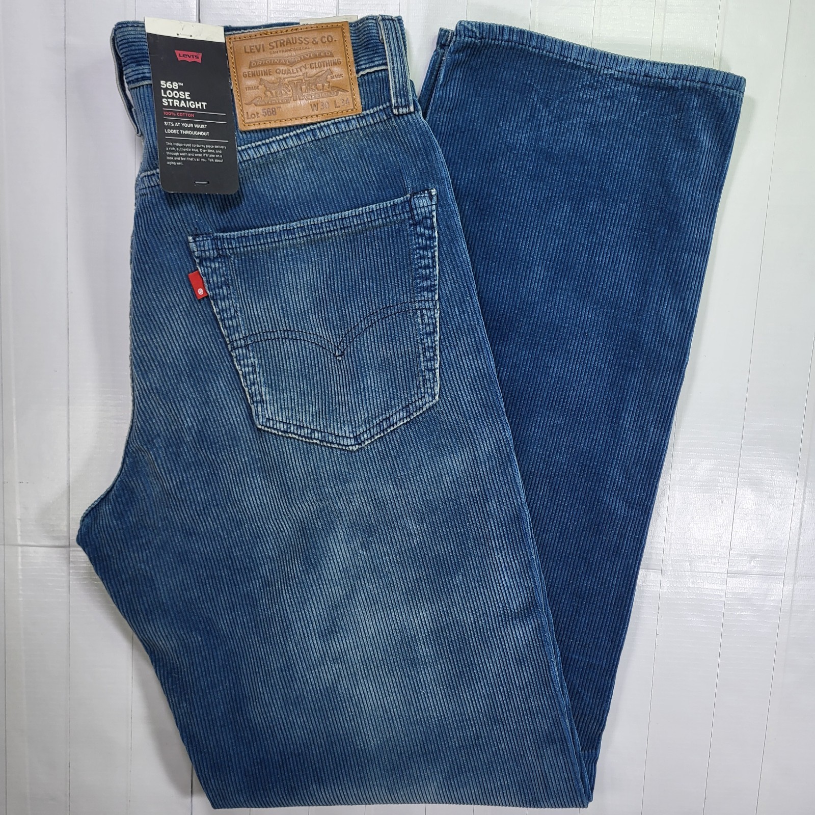 Levis Premium 568 Corduroy Jeans 30×34 New Loose Straight Men’s Blue New W Tags