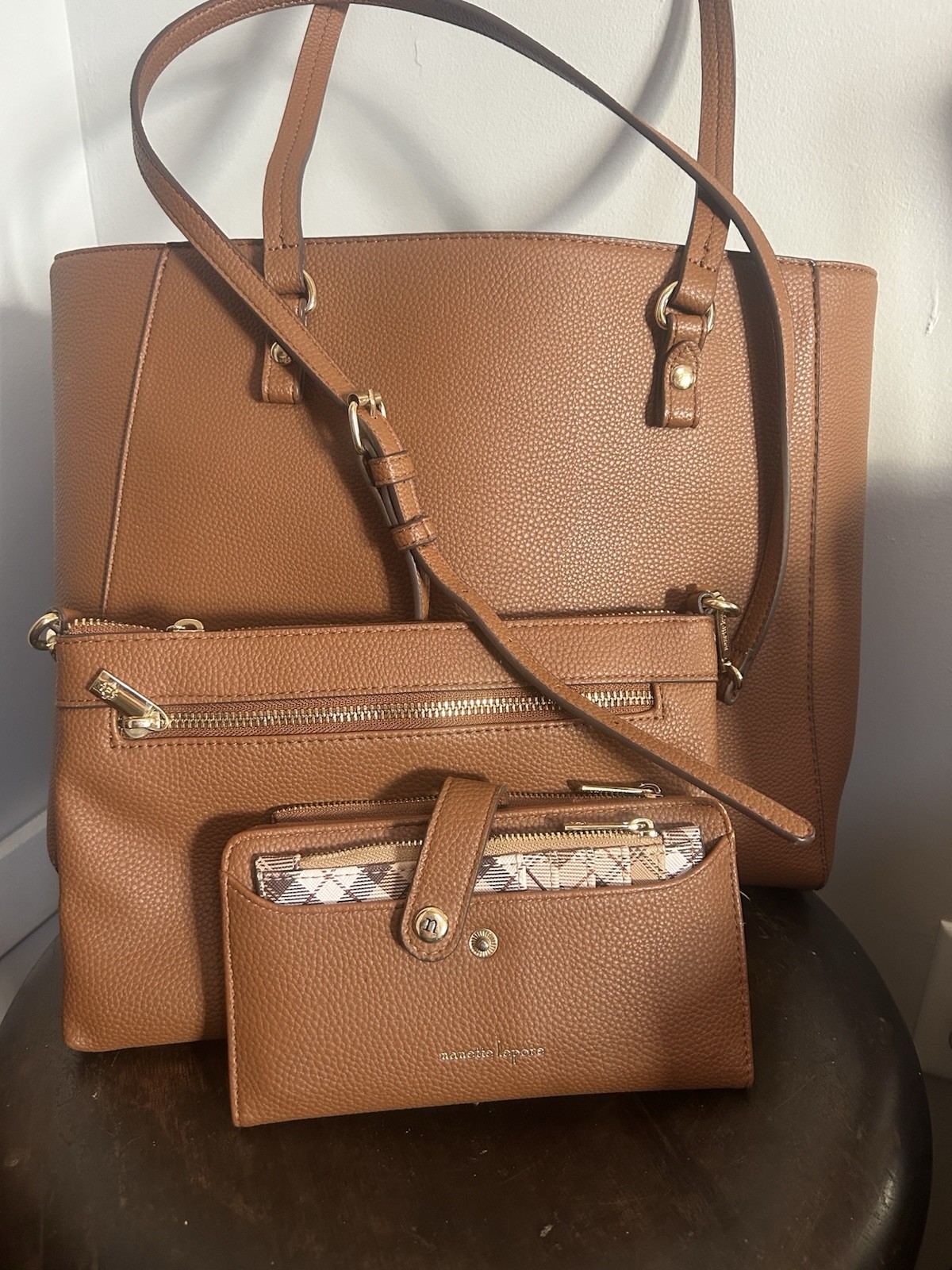 Nanette Lepore Brown Pebbled Tote Bag Set Zip Detachable Strap Gold Hardware