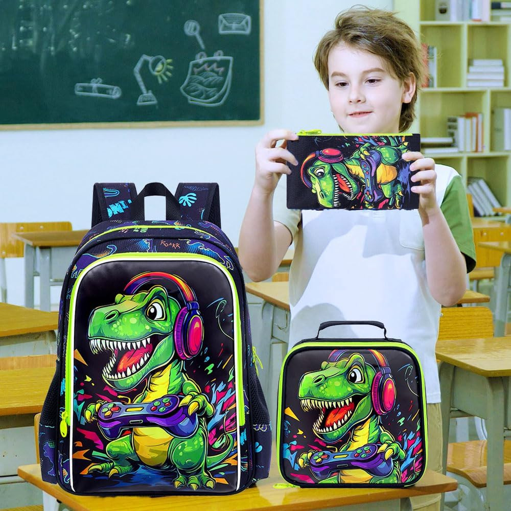 3PCS Boys Dinosaur Play Game Backpack Set, Water Resistant 16″ Kids Preschool Bo