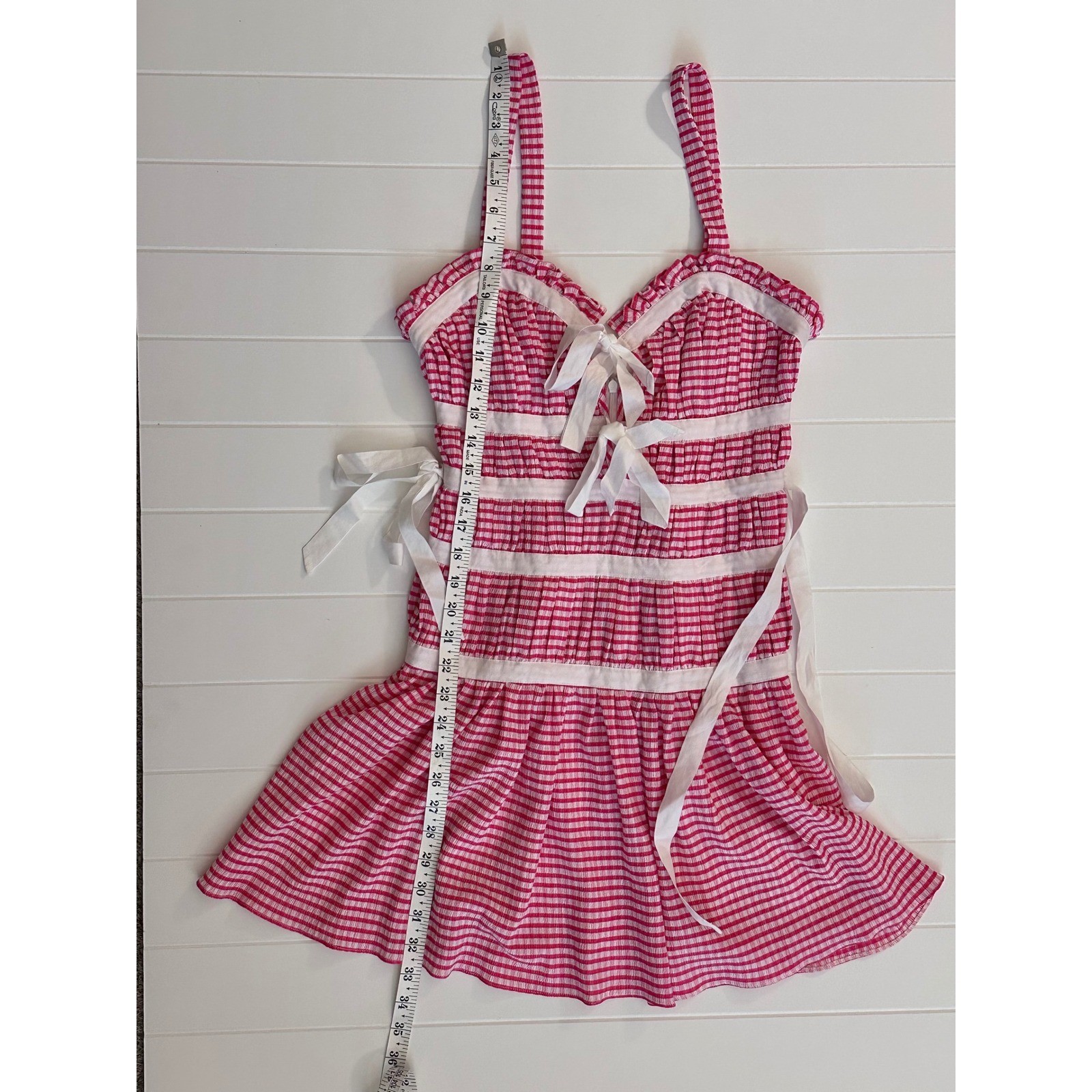 LPA Revolve Pink Gingham cottagecore milkmaid Mini Dress Ribbon Tie Smocked XS