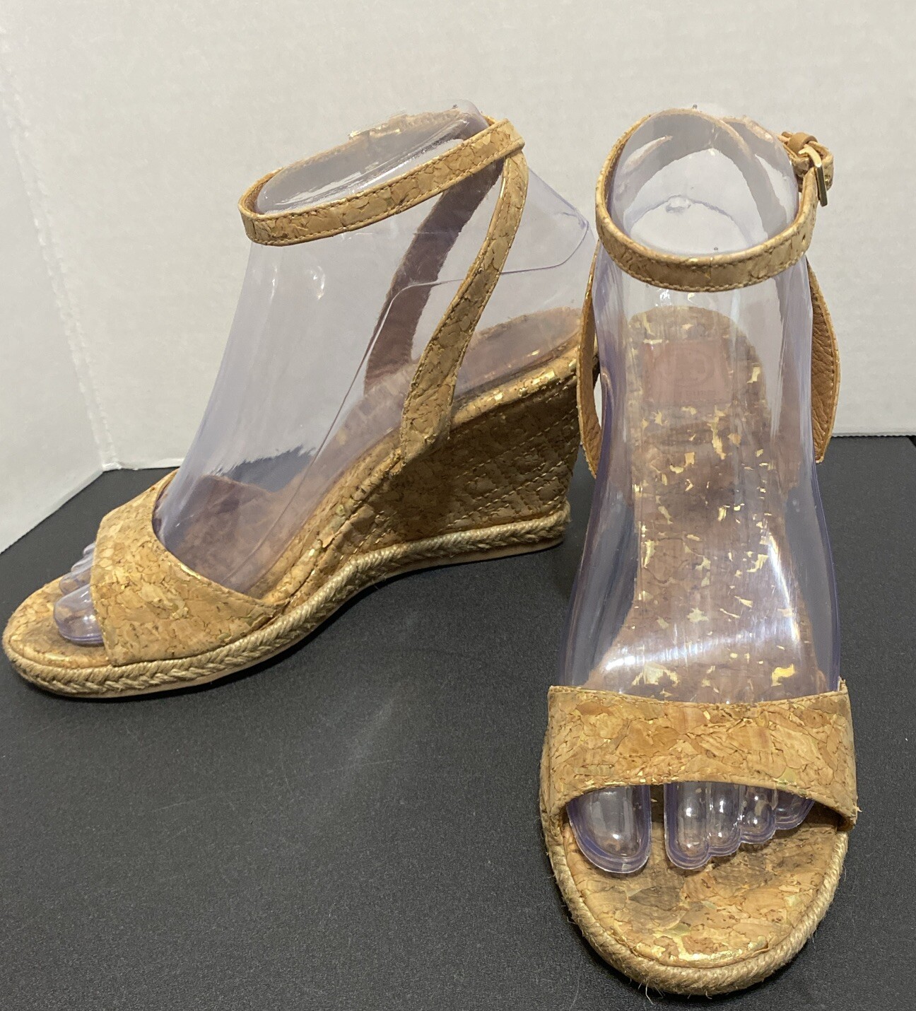 TORY BURCH Quilted Cork W/Gold Espadrille Wedge MARION Sandals Ankle Wrap Sz 6 M