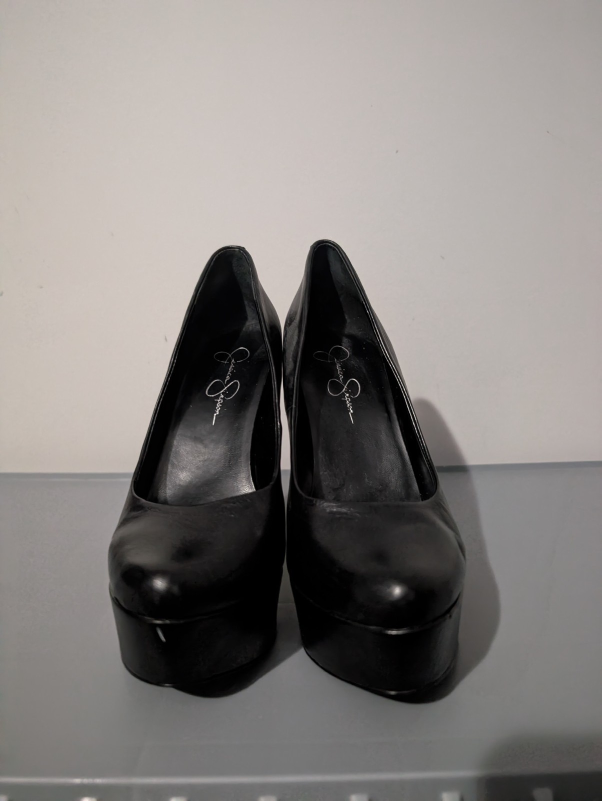 Jessica Simpson Women’s Black Leather Platform Stiletto Pumps Round Toe Size 9B