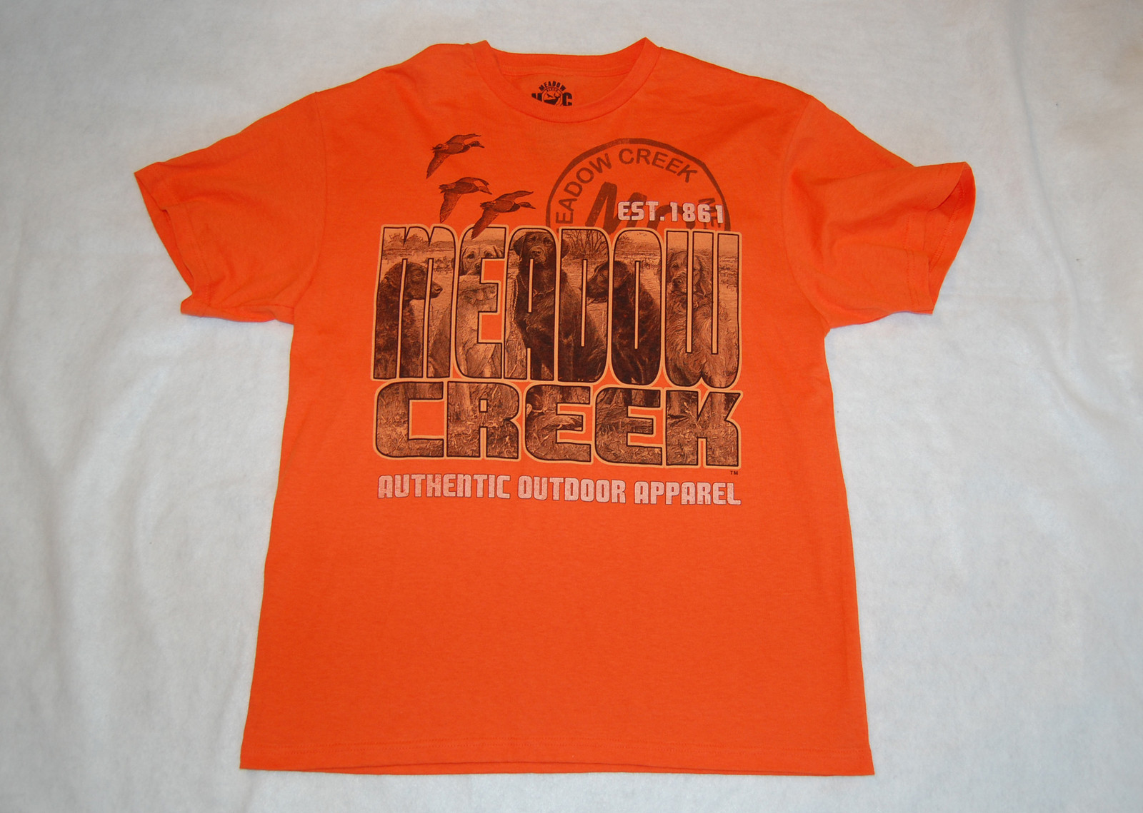 MENS Tee Shirt ORANGE Hunting MEADOW CREEK S 34-36 M 38-40 L 42-44 DUCKS Dogs