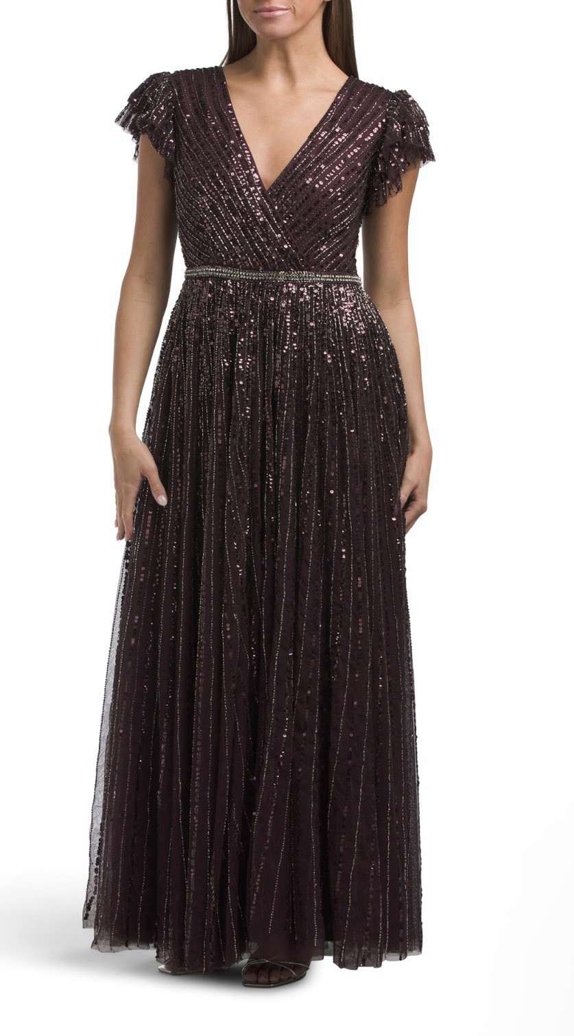 MacDuggal Burgundy Wine Sequin Beaded Flutter Sleeve Evening Gown Dress Sz12 NWT