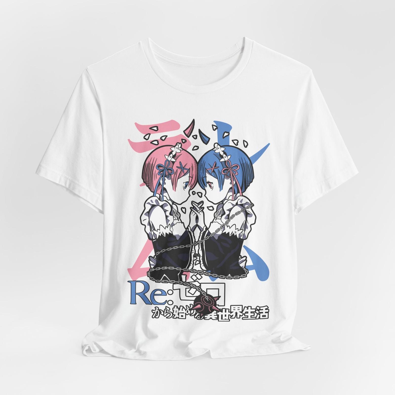 Twin Maids Re: Zero Anime Graphic T-Shirt | Pink Blue Character Art
