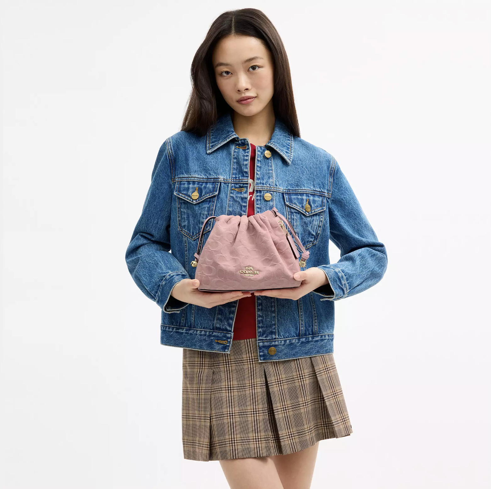 COACH Faye Drawstring Bag Signature Denim Light Pink CFD03 IMNH1 New Authenthic