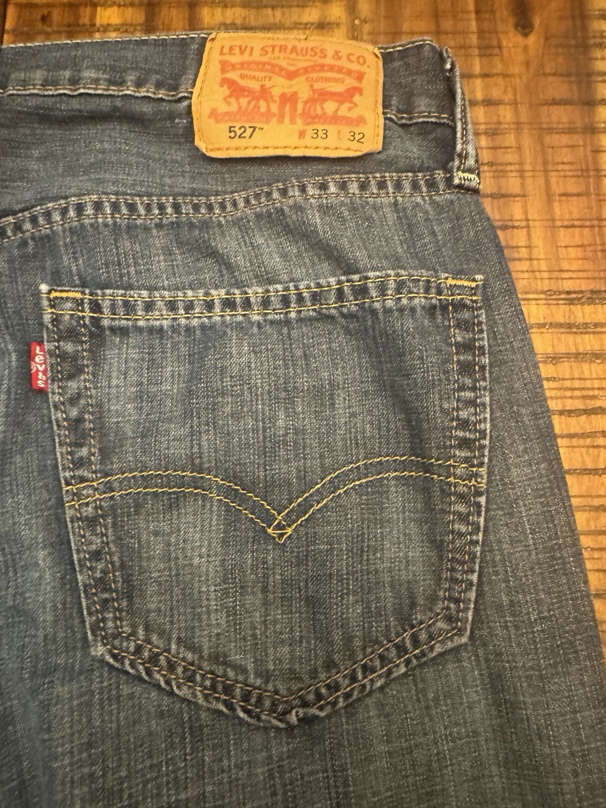 Levi’s Men’s 527 Bootcut 33×32 Dark Wash Distressed Denim Jeans