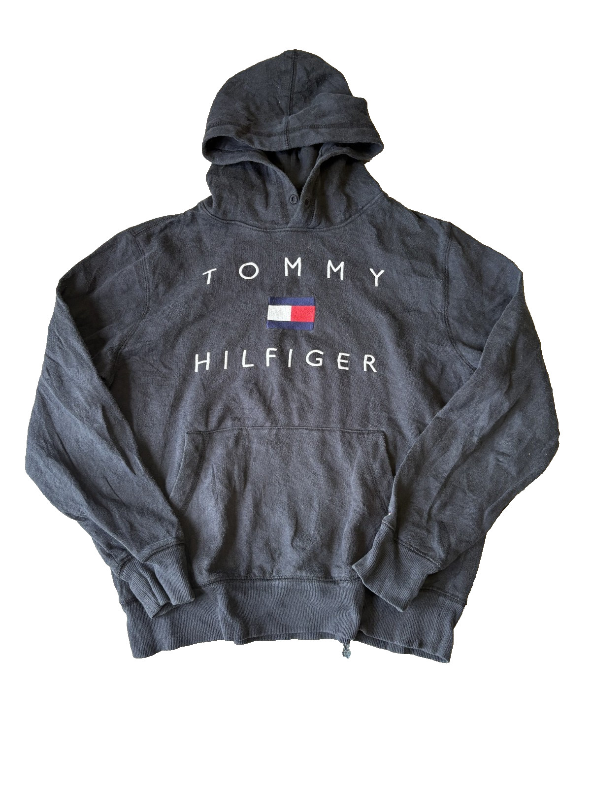 Tommy Hilfiger Hoodie Mens Medium Black Spellout Embroidered Logo Pullover M