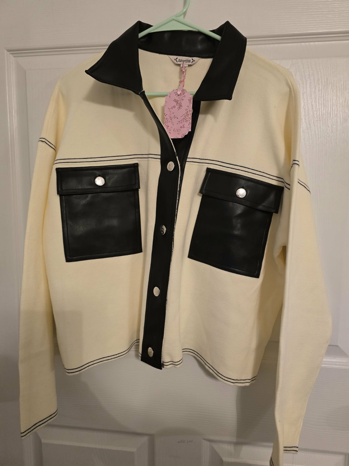 Nanette Lepore Ivory/Black Colorblock Knit Collared Button Cardigan Sweater XL