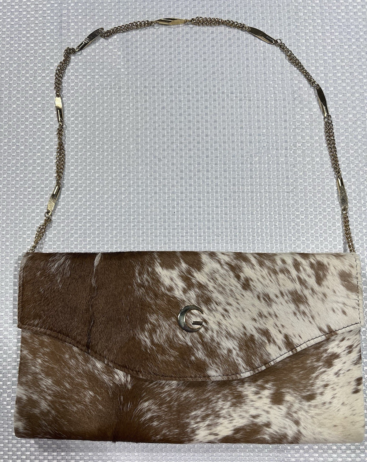 Brown & White Cowhide Hair-On Hide Clutch Shoulder Bag w/ Chain Strap Snap