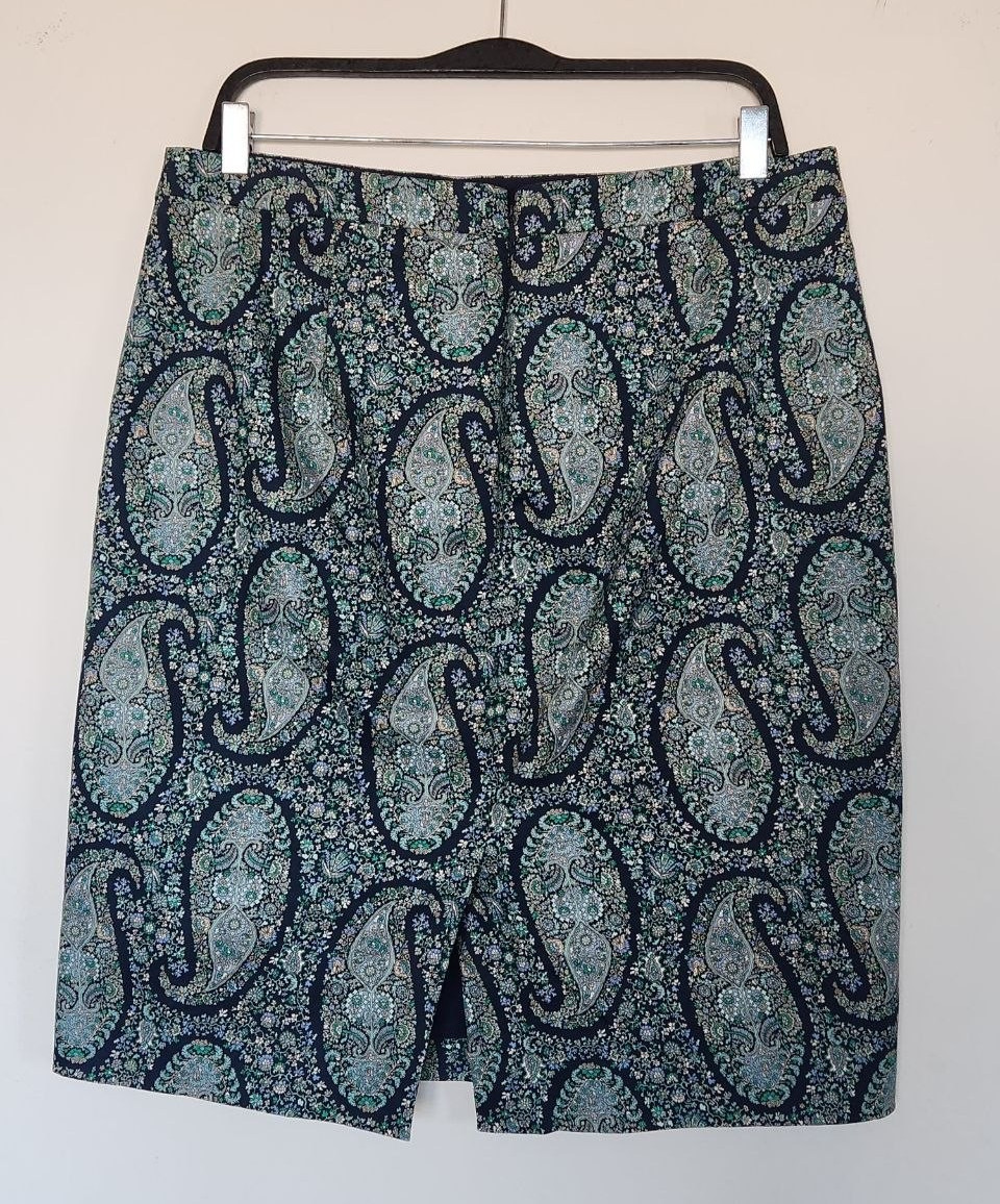 J Crew Pencil Skirt Paisley, Size 12, Cotton, Navy Teal Green +, Orig. ~$90!