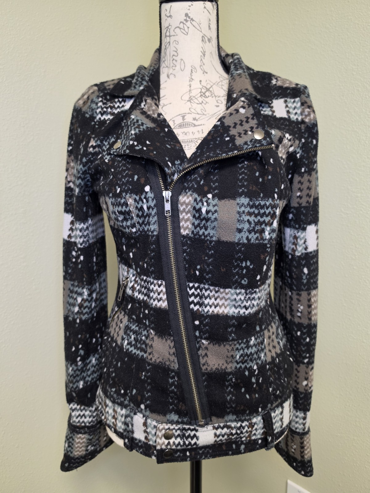 Free People Plaid Splatter Moto Jacket Zip Front Pockets Short Long Sleeve 10