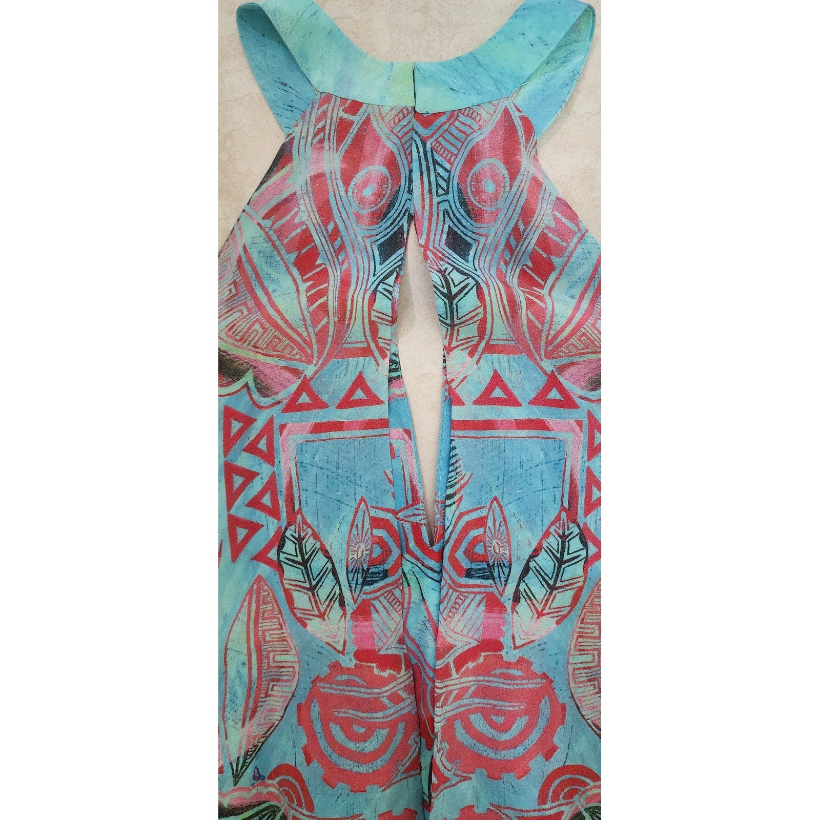 Tribal Print Halter Maxi Dress Turquoise Coral Geometric Keyhole Back Floor