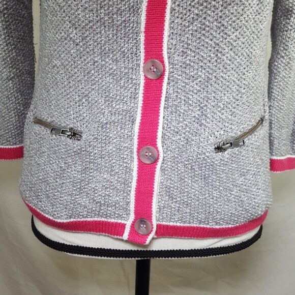 HALOGEN Gray White Pink Button-Up Sweater 3/4 Sleeve Office Church, Medium