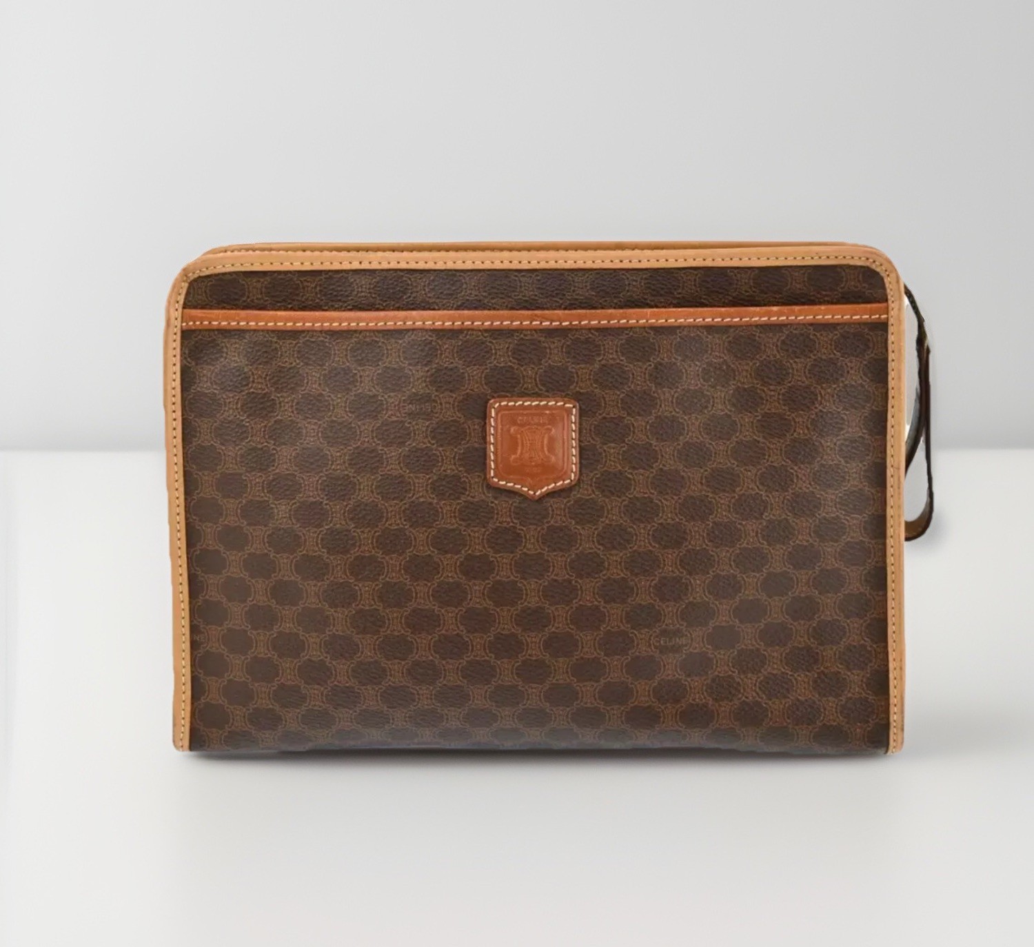 CELINE Paris Vintage Monogram Macadam Pattern Designer PVC Brown Clutch BAG