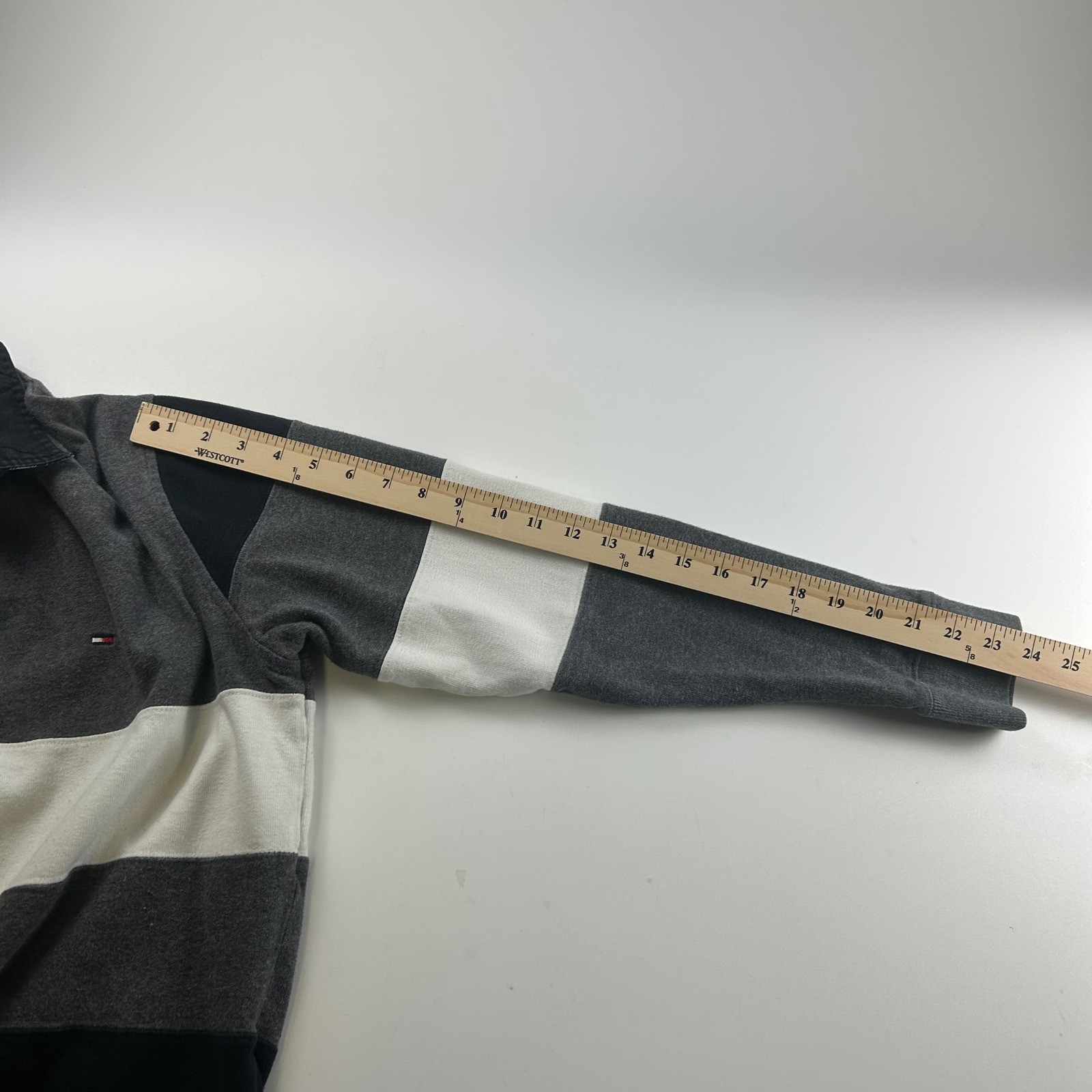 Tommy Hilfiger Mens L Long Sleeve Rugby Shirt Grey Black Colorblock 8 Patch