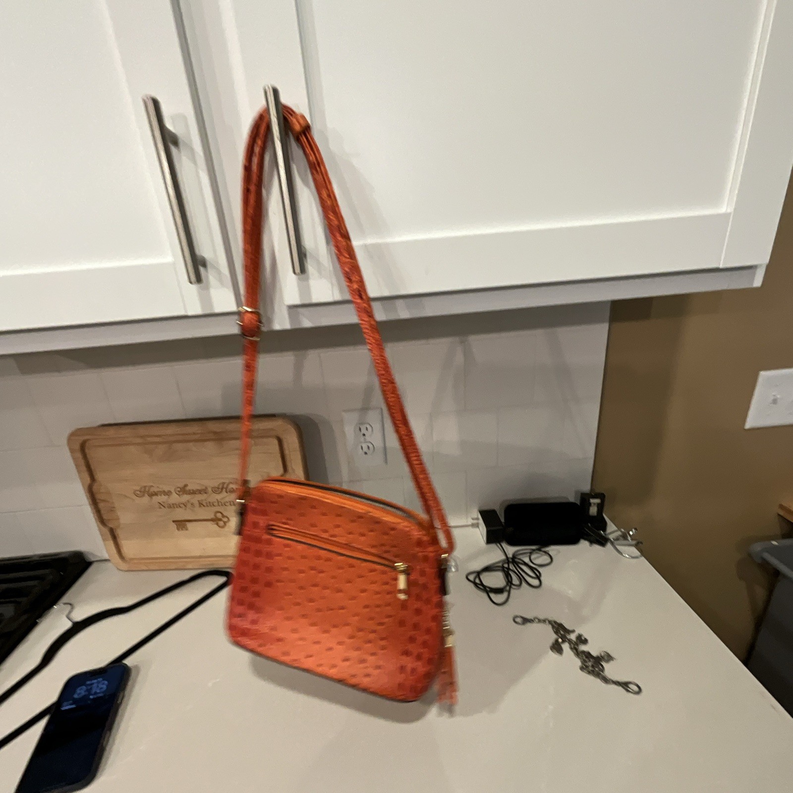 Orange Embossed Crossbody Bag Zip Closure Tassel Detach Adjustable Strap Gold
