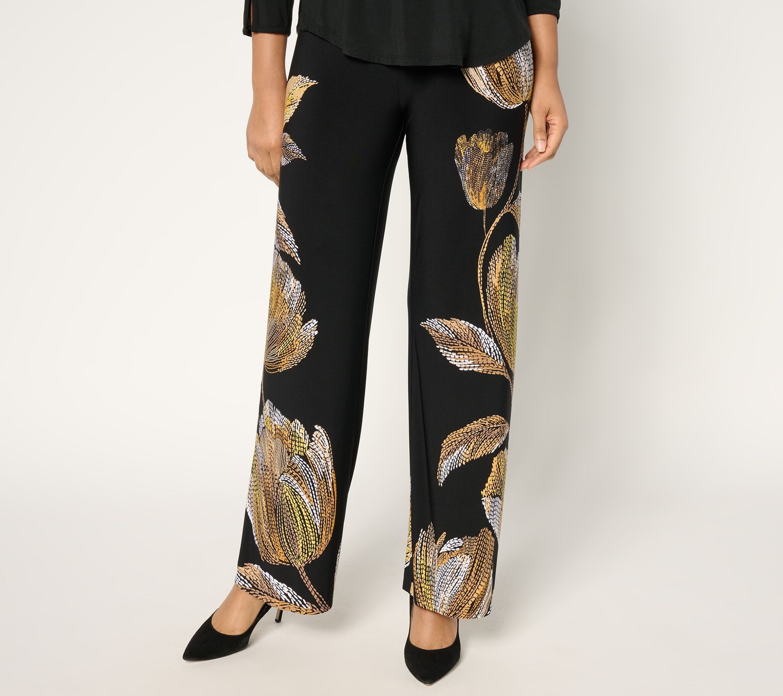Susan Graver Women’s Pants Sz L Printed Liquid Knit Wide Multi-colored A684103