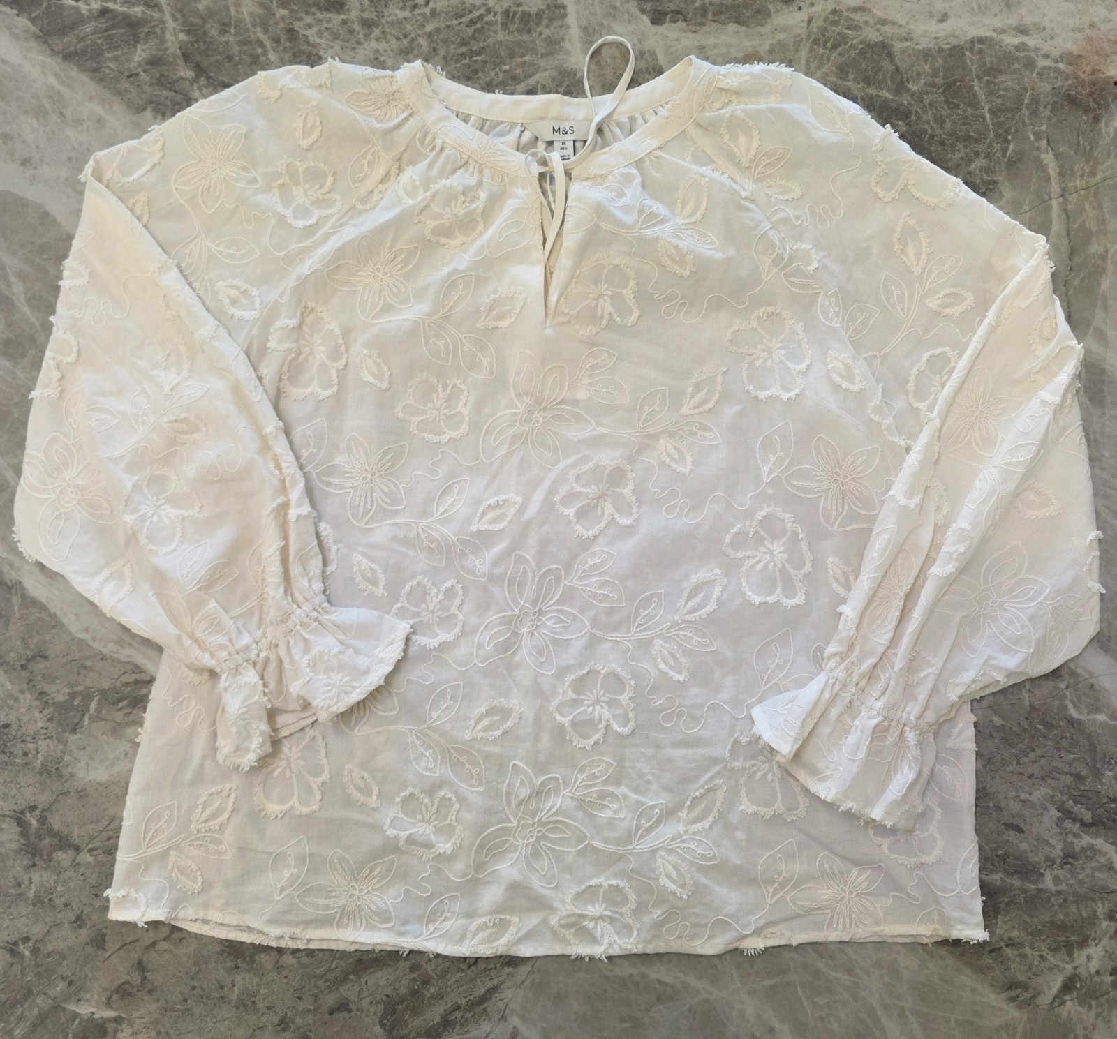 M&S Pure Cotton Applique Tie Neck Blouse ~ Size 16 Regular