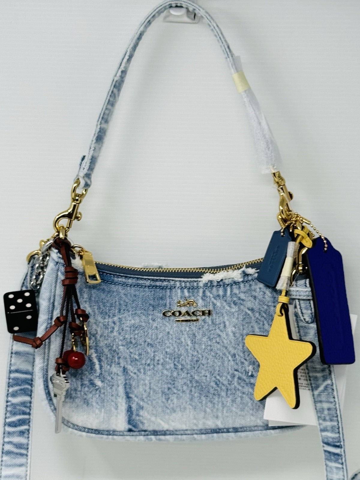 NWT COACH CDY76 Teri Shoulder Bag In Loved Denim With Charms /Light Indigo