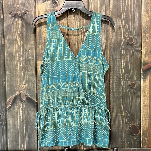 Anthropologie Pure + Good Becka Top Blue Wrap Tie Peplum Hem 100% Cotton Boho