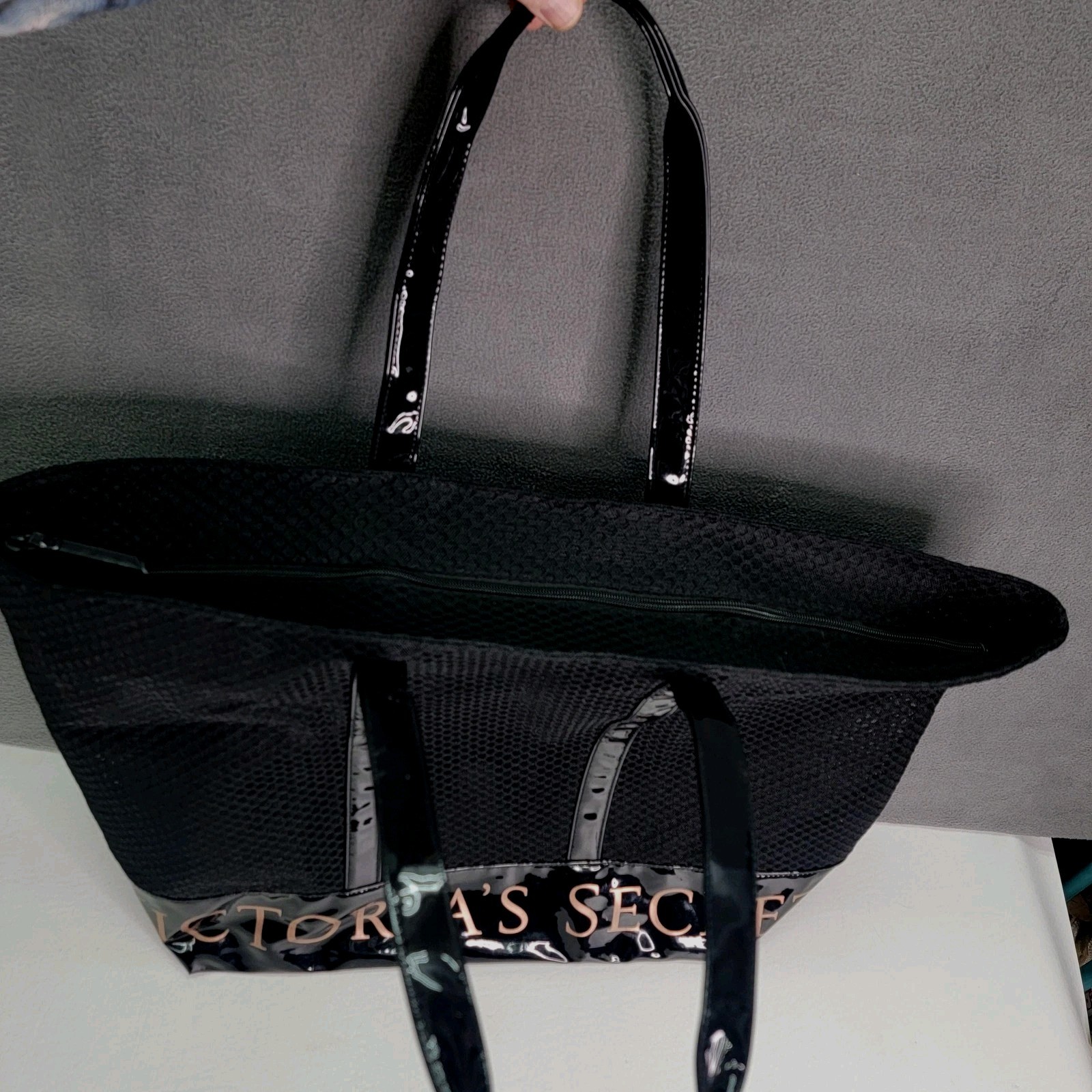 Victoria’s Secret Tote Bag Womens Large Black Mesh Logo PVC Zip Shoulder Travel