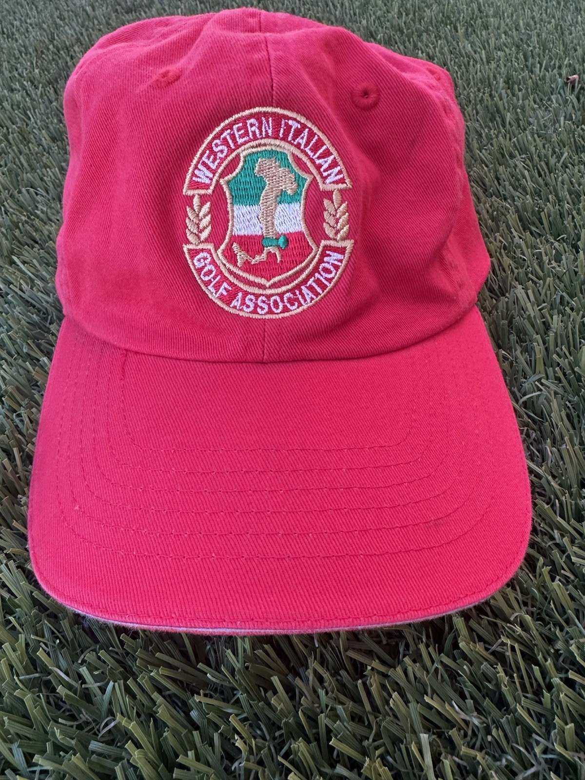 Vtg Red Western Italian Golf Association Hat Cap Embroidered Crest Adjustabl