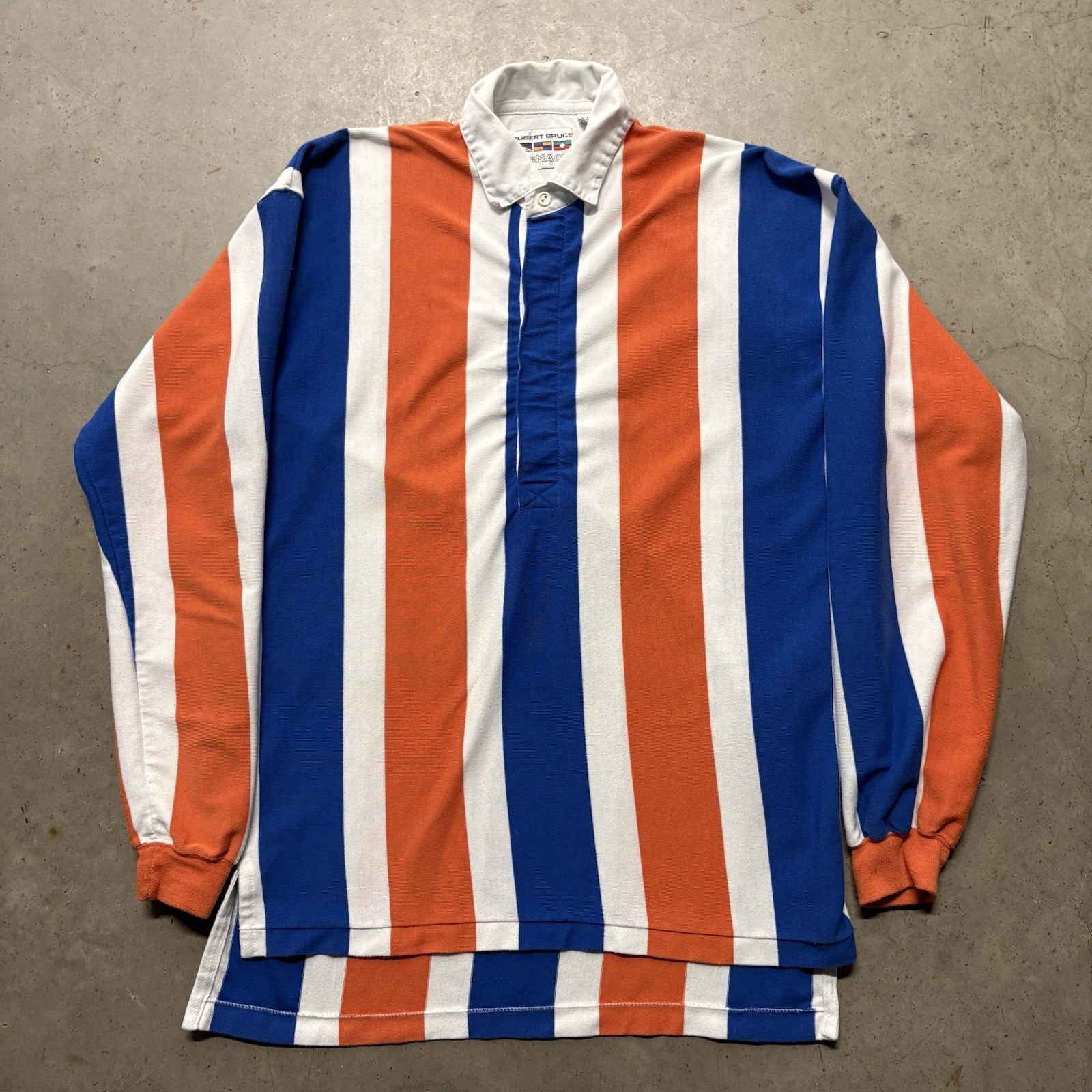 Vintage 80s Robert Bruce Signage Striped Rugby Shirt M Orange Blue Preppy
