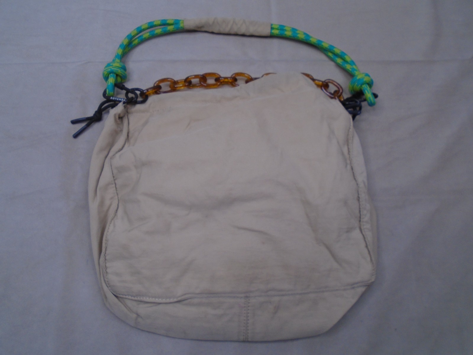 Rotunda Sant Hobo Bag Beige Green Nylon Polyester Shoulder Drawstring