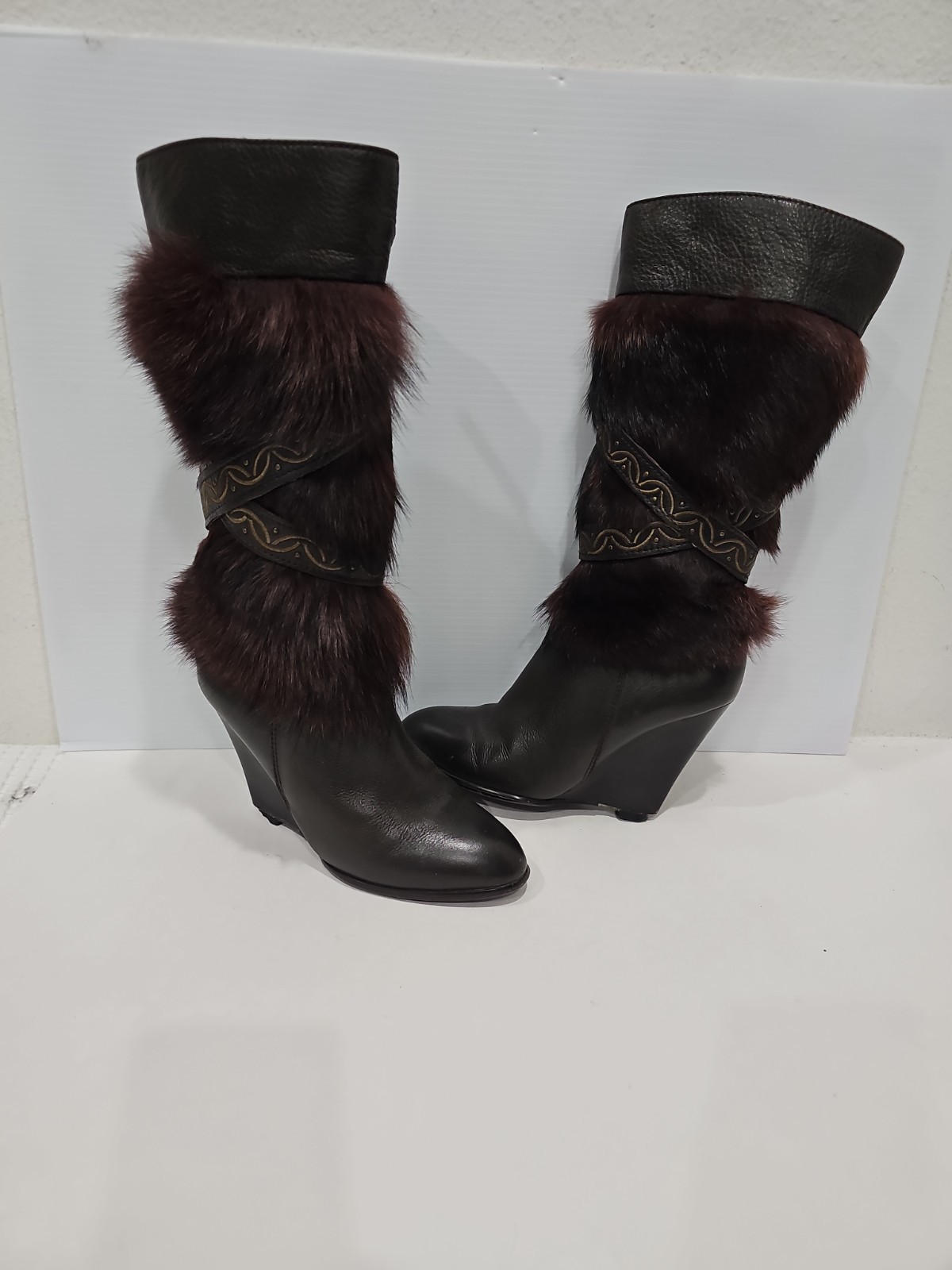 MALINO VICINI Leather & Fur Brown Boots Wedge EU 37 US 7