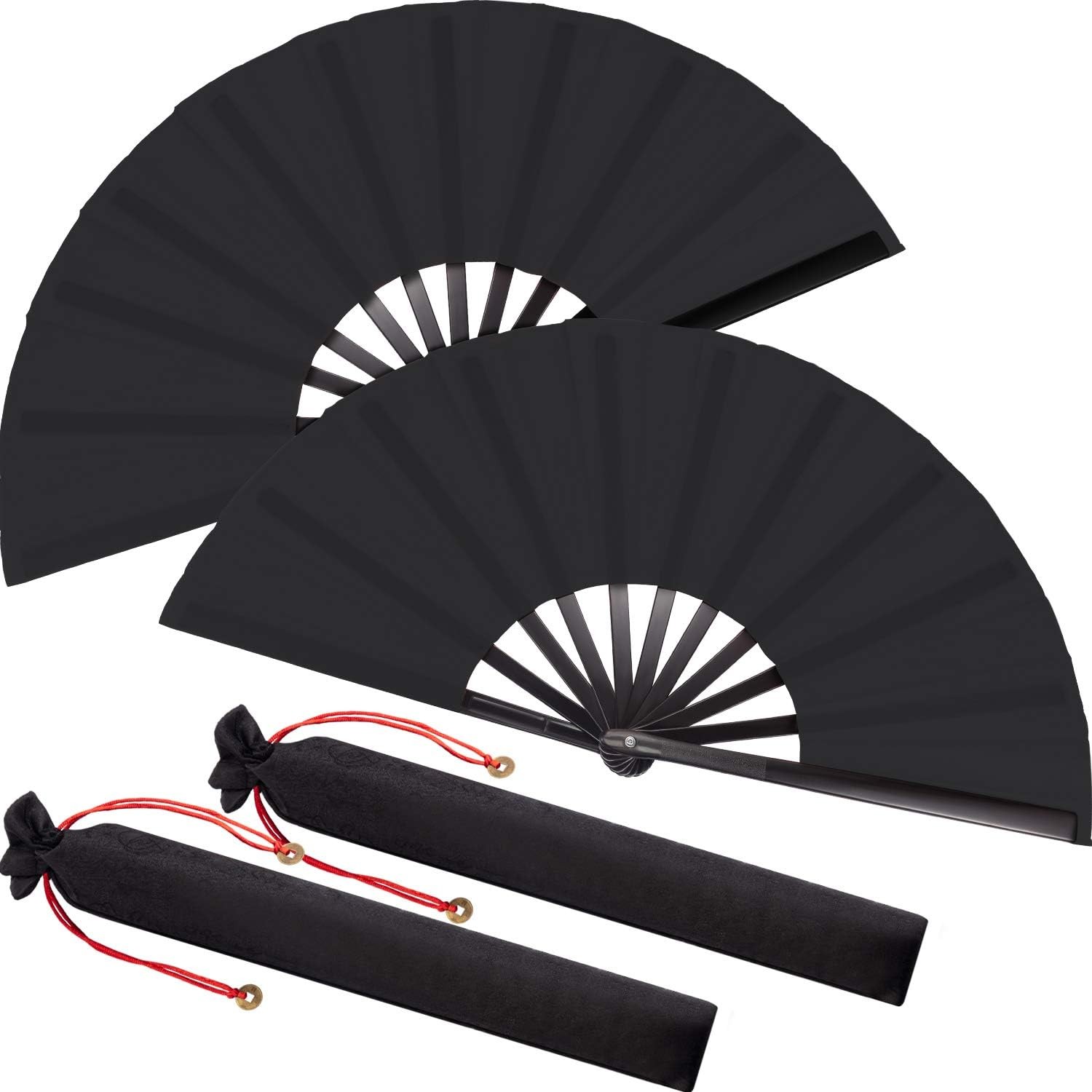 2 Packs Large Folding Hand Fans 13” Chinese Handheld Fan Large Clap (Black)