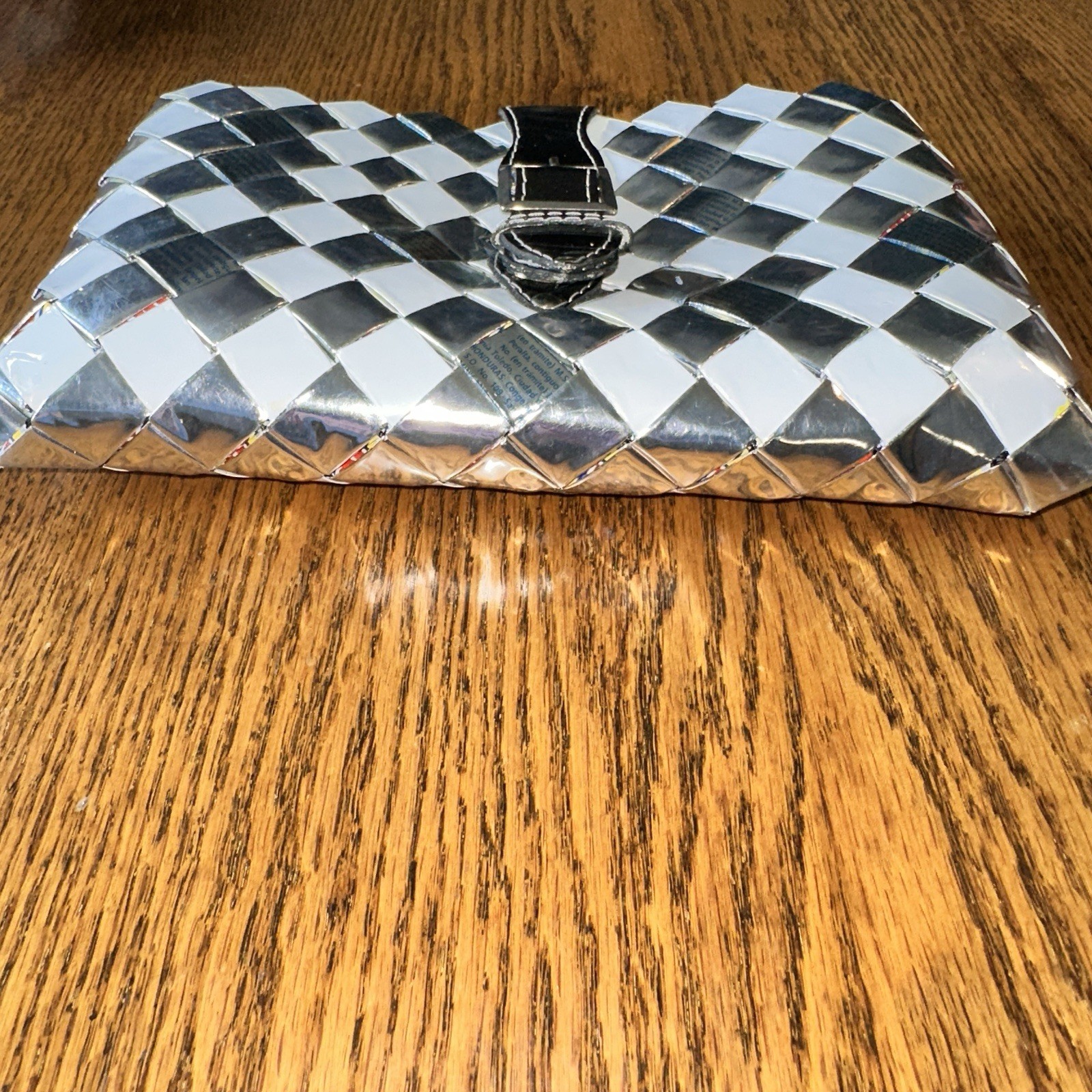 Nahui Ollin Y2K Woven Candy Wrapper Clutch Bag Purse Silver White Glossy Buckle