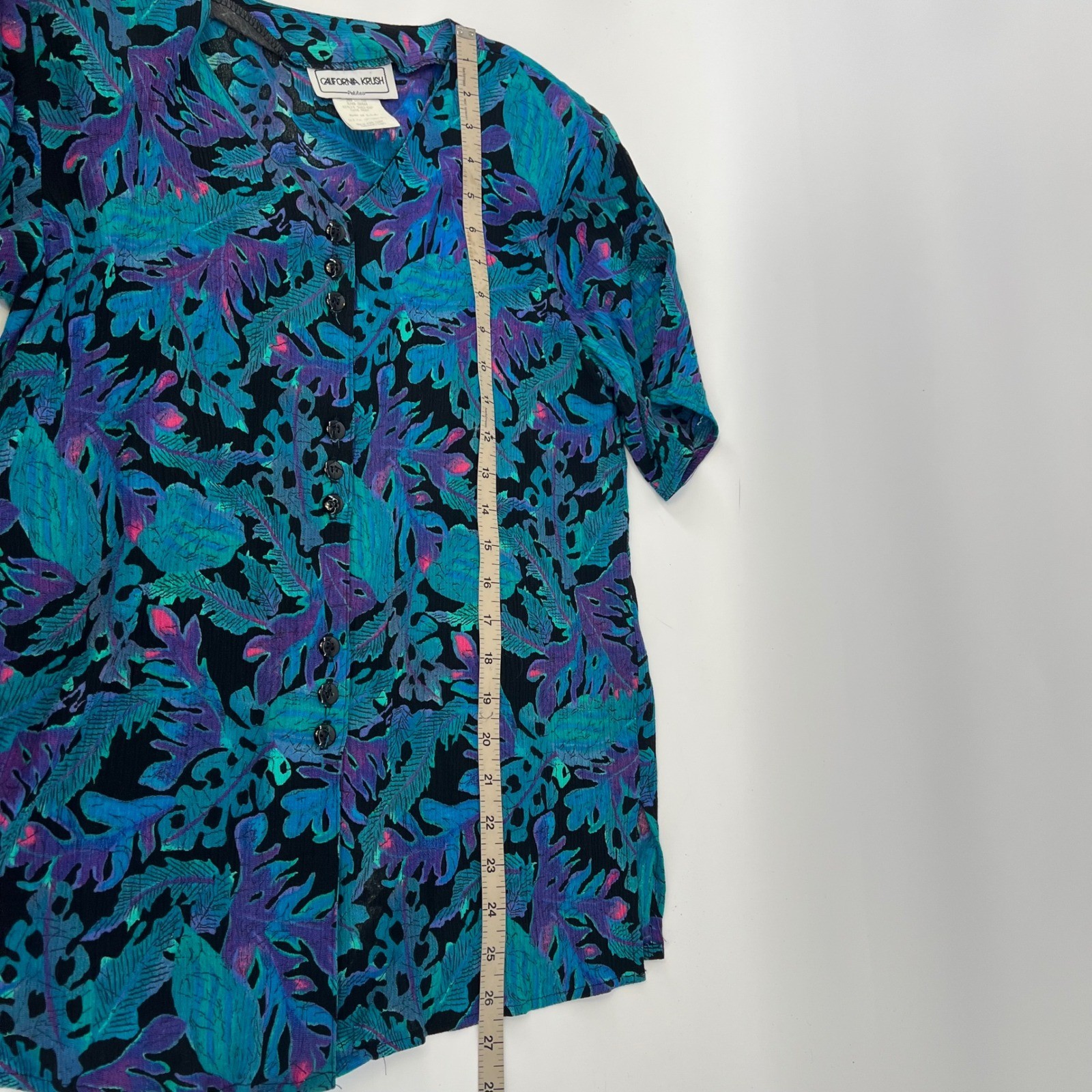 Vintage 90s California Krush Rayon Blouse Petite Tropical Floral Made USA Teal