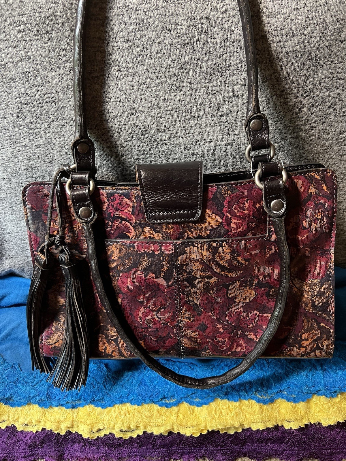 Patricia Nash Rienzo Wine Black Multi Floral Leather Tassel Carryall SnapSatchel
