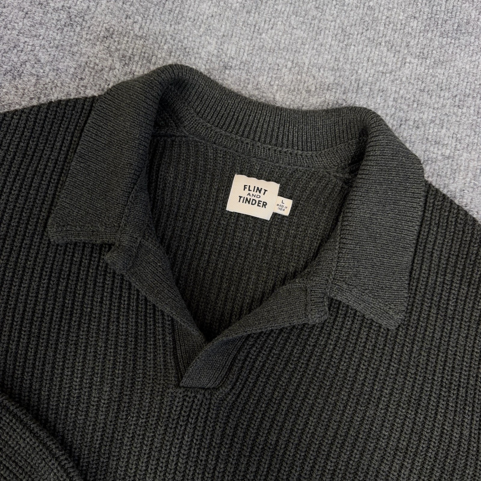 Flint and Tinder Sweater Mens Large Green Ribbed Cotton Fisherman Polo Collared