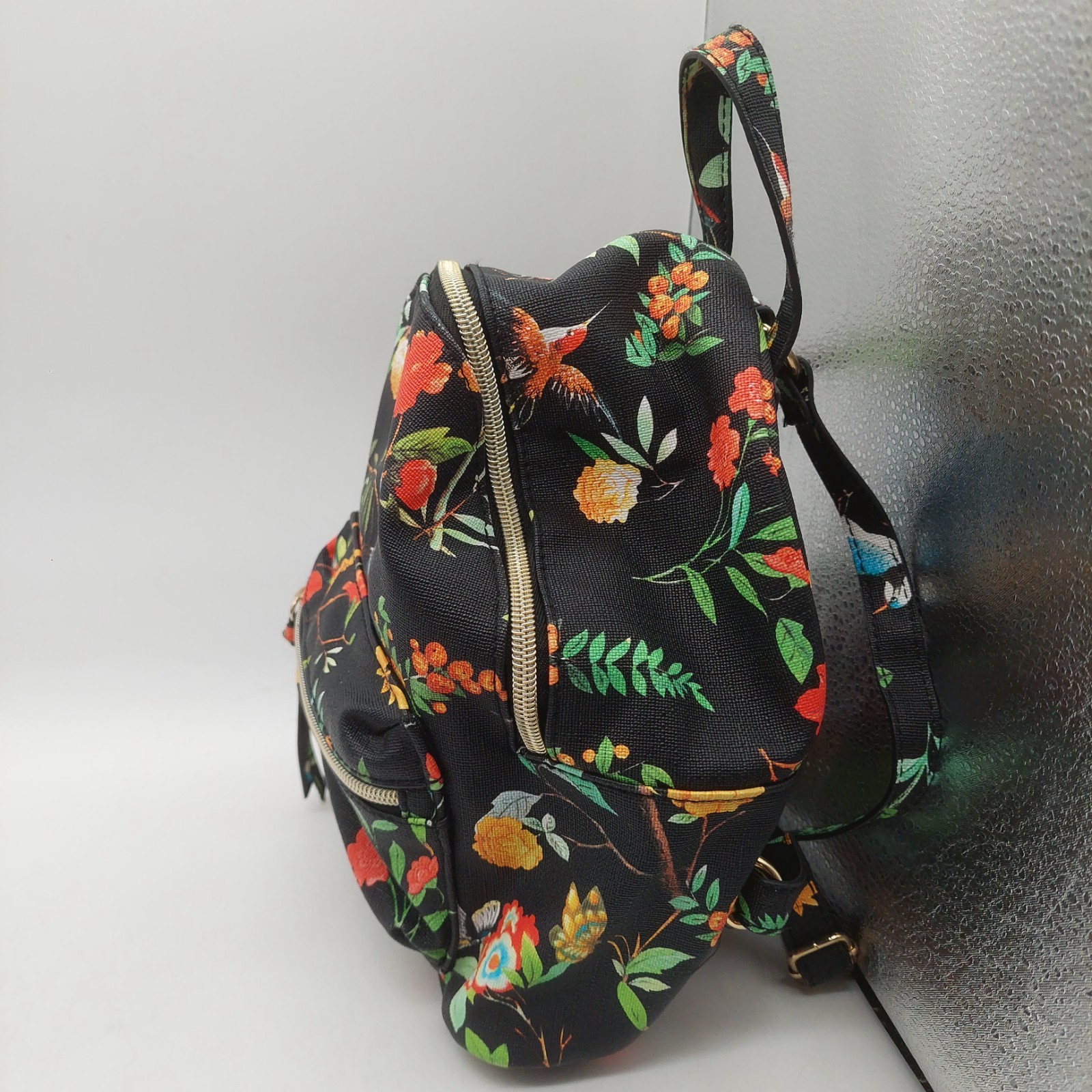Womens Backpack Black Floral Birds Blue Birds Hummingbird Small 12″