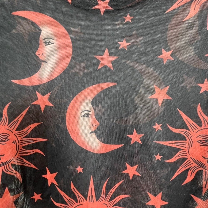 Celestial Mesh Crop Sheer Top Womens S Black Red Grunge Goth Sun Moon Stars