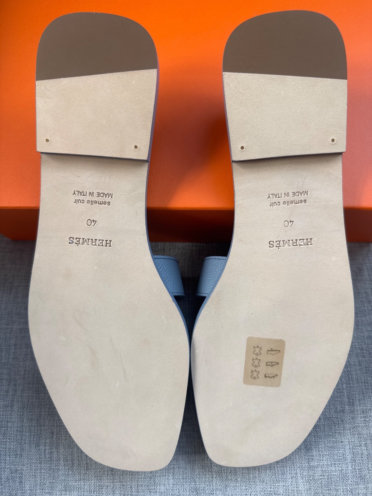 Hermes Oran Blue Galet Sandals Epson Flats Shoes Sz 40 Auth Box Dust Bag