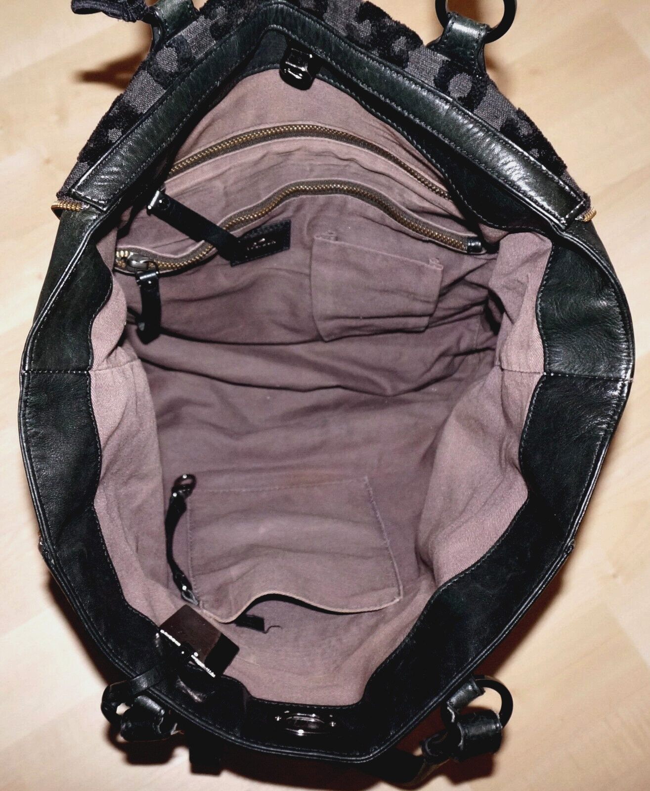 PETUNIA Large Black Velour-Canvas Textile & Leather Tote Handbag 15×12