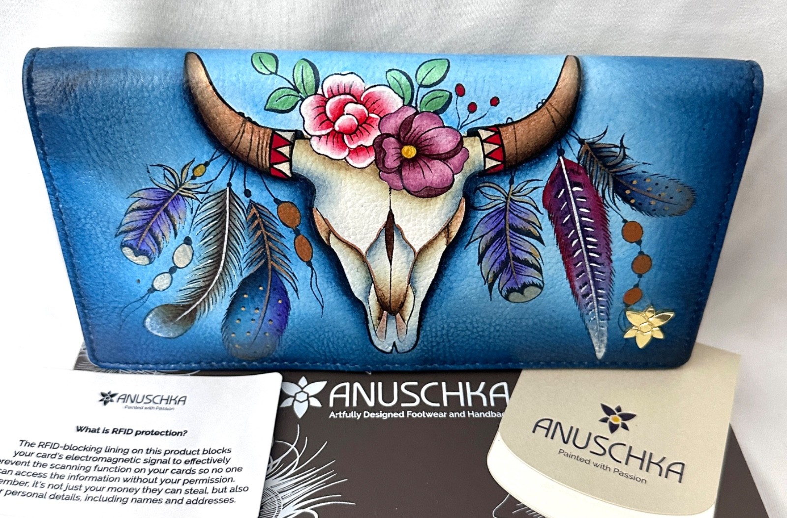 ANUSCHKA NWT🪶”RARE” RFID Bi-Fold Snap Clutch Wallet-Feather Skull Denim 1785