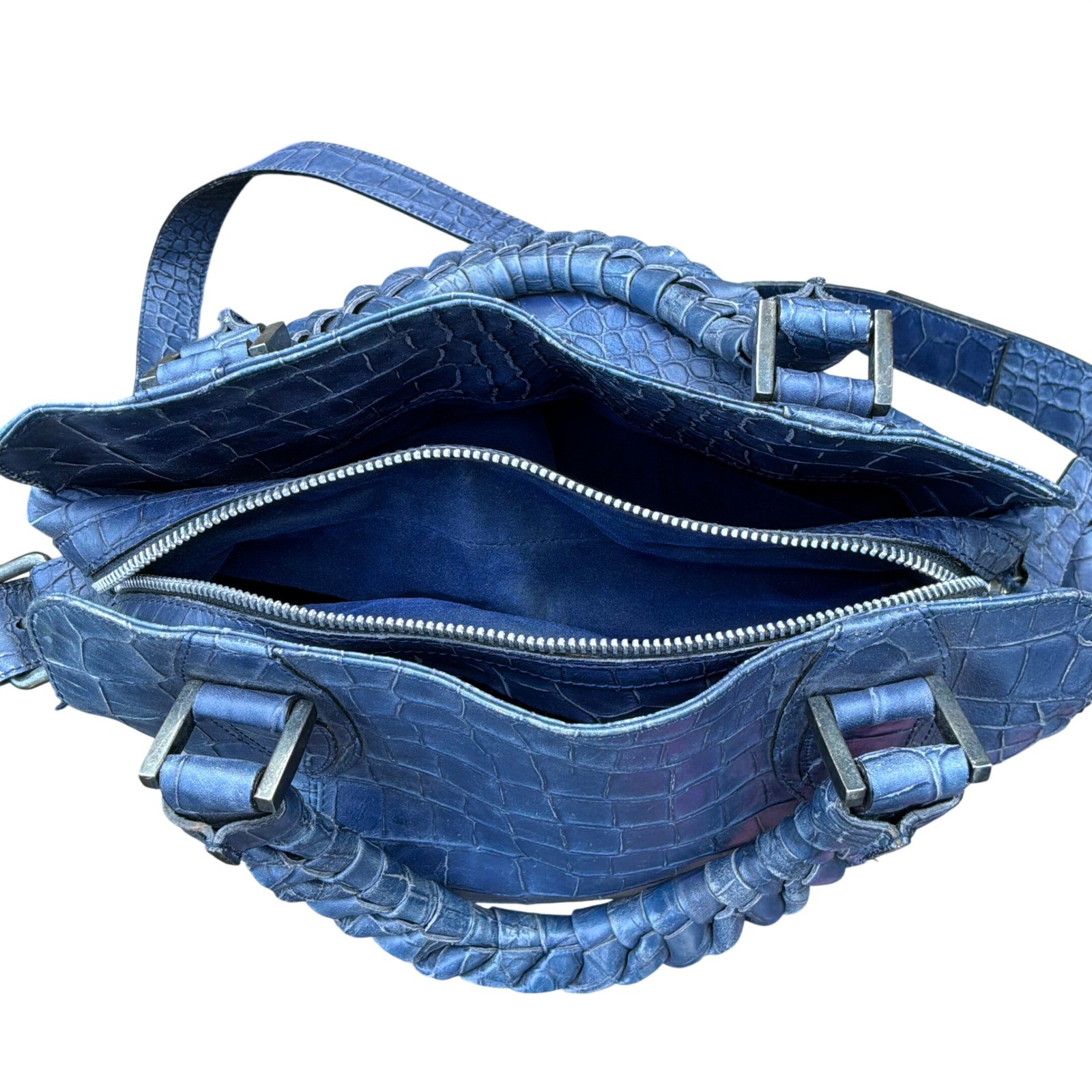 Falor Tote Bag Large Blue Croc Embossed Leather Braided Handles Made in Italy