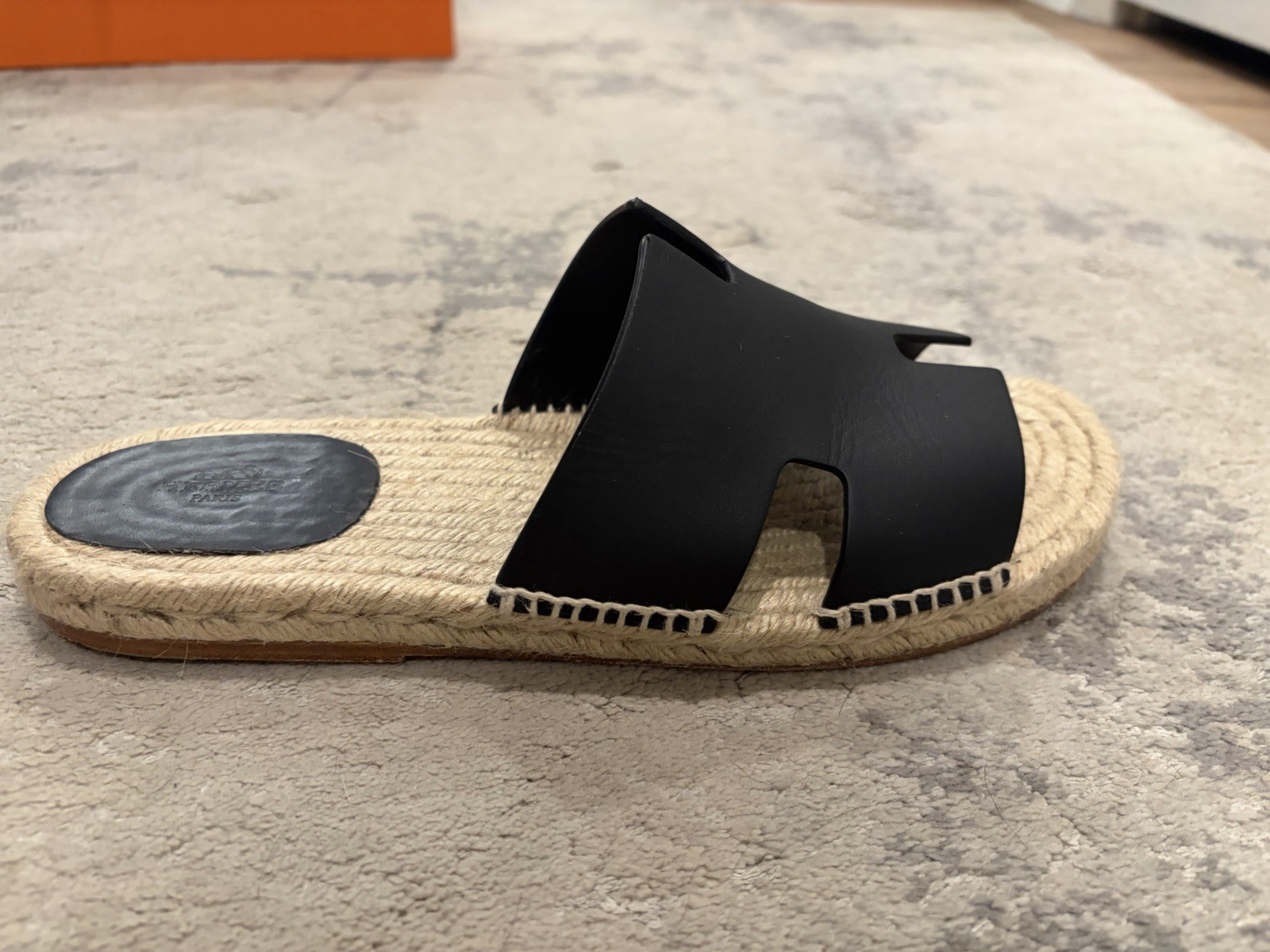 Hermès Antigua Espadrille Sandals Black Leather EU 43 US 10 w/ Box Dust Bags