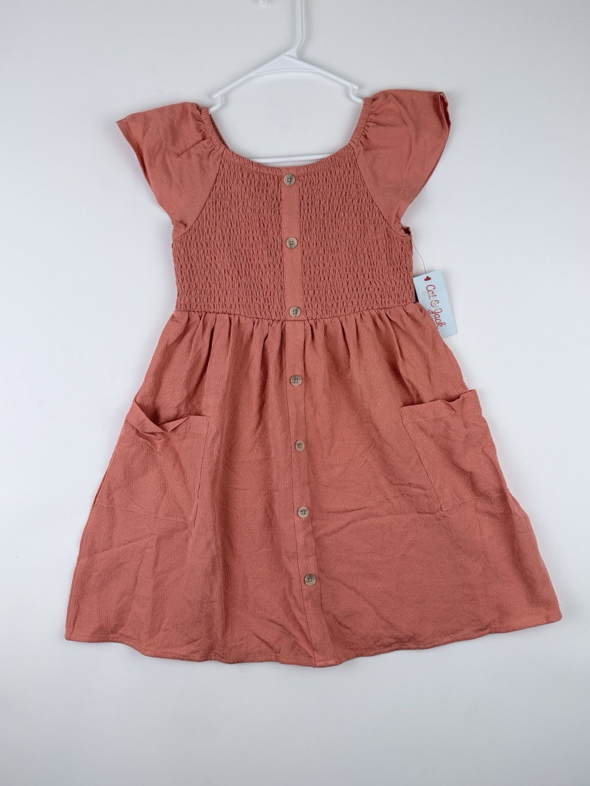 Cat & Jack Girl’s Dusty Coral Short Sleeve Smocked Woven Dress Size LARGE(10/12)
