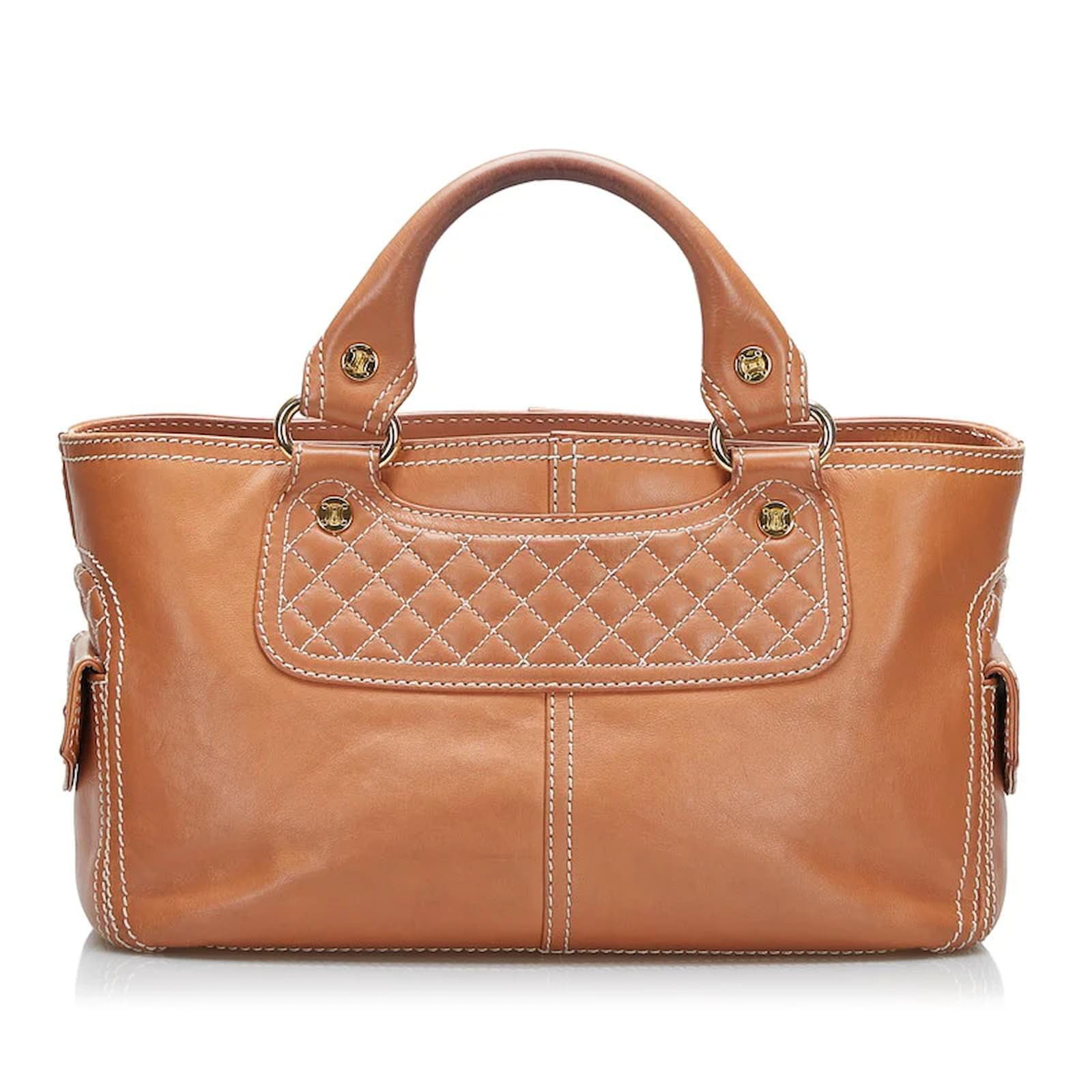 Celine Boogie Bag Tan Brown Quilted Calfskin Top Handle Gold HW Satchel Handbag
