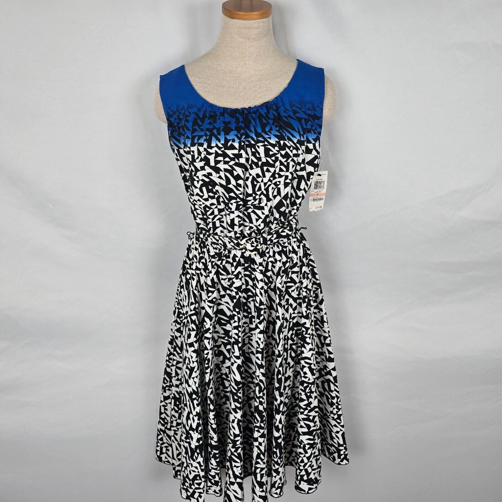 Alfani Sleeveless Dress Women’s 2 Blue Note Black White Ombre Ruffles Belt NWT
