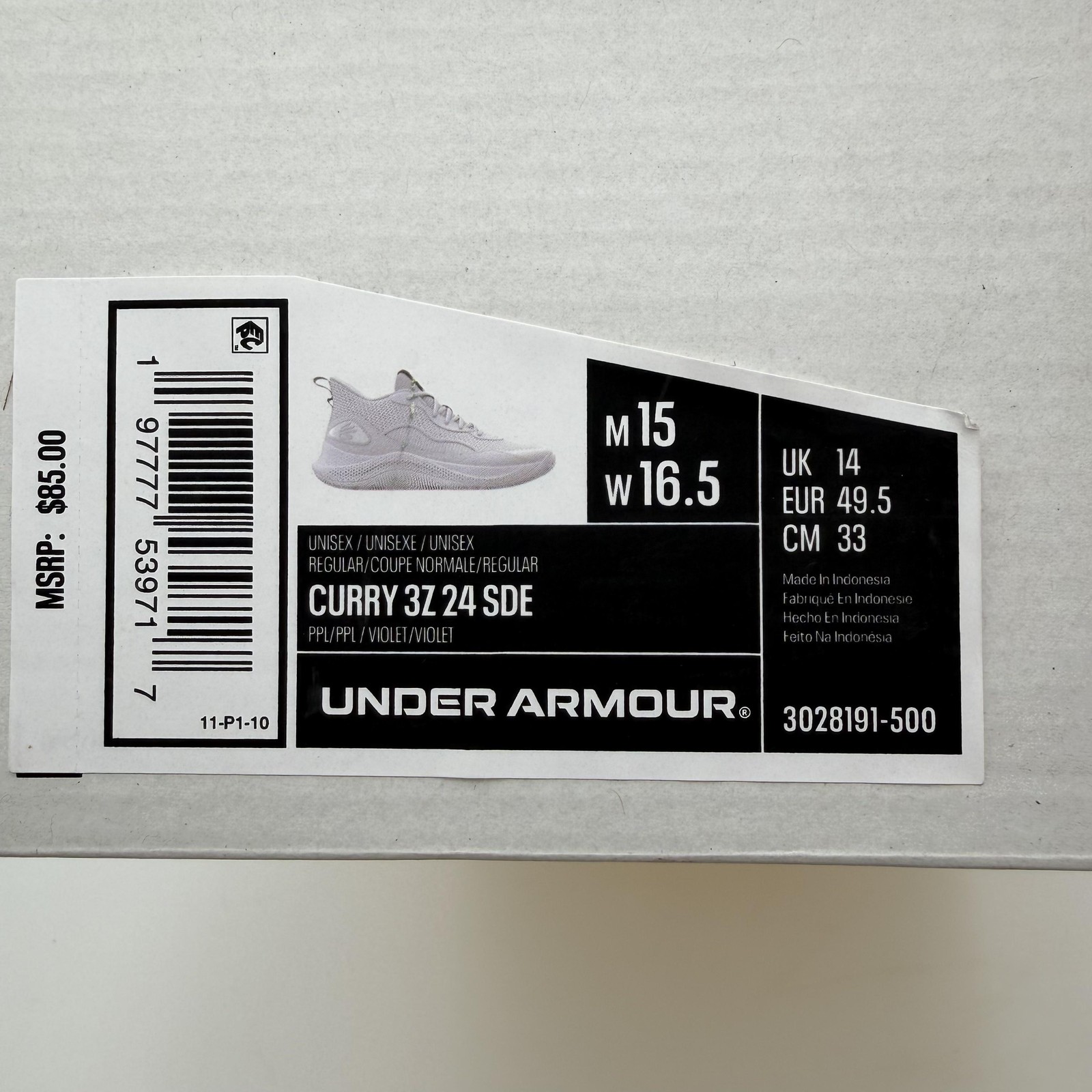 Under Armour Shoes Men’s Size 15 Purple Curry 3Z 24 SDE Basketball Sneakers