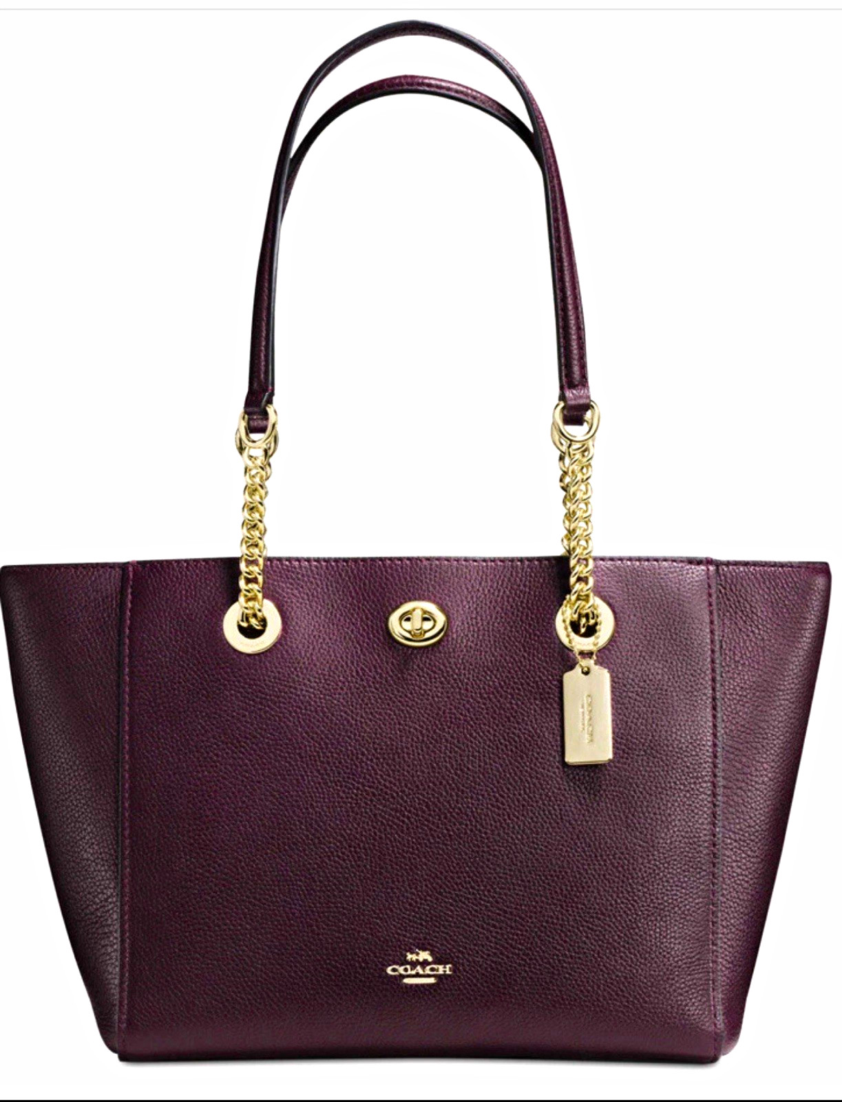 Coach Burgundy Pebbled Tote Bag Gold Chain Strap Turn Lock Zip, Medium