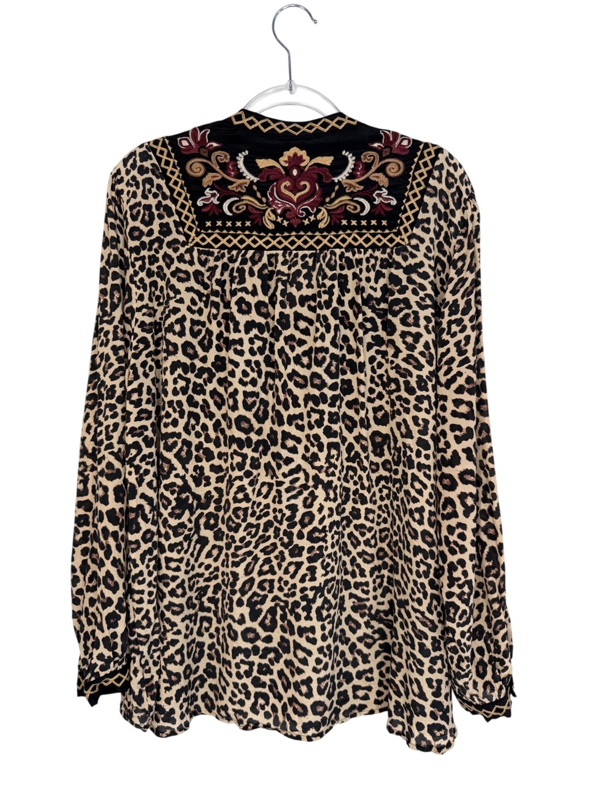 Johnny Was Diedre Tassel Yoke Blouse Embroidered Leopard Print Size X-Large