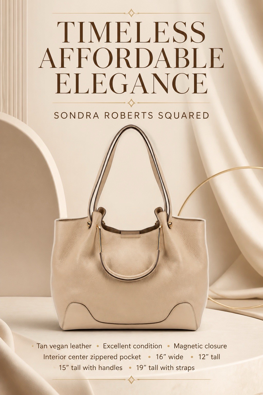 Sondra Roberts Tan Shoulder Bag Magnetic Closure Inner Pockets